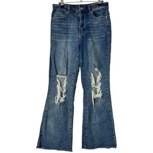 Forever21 Jeans Flare Leg High Rise Busted Knees Raw Hem Dark‎ Wash Stretch 29